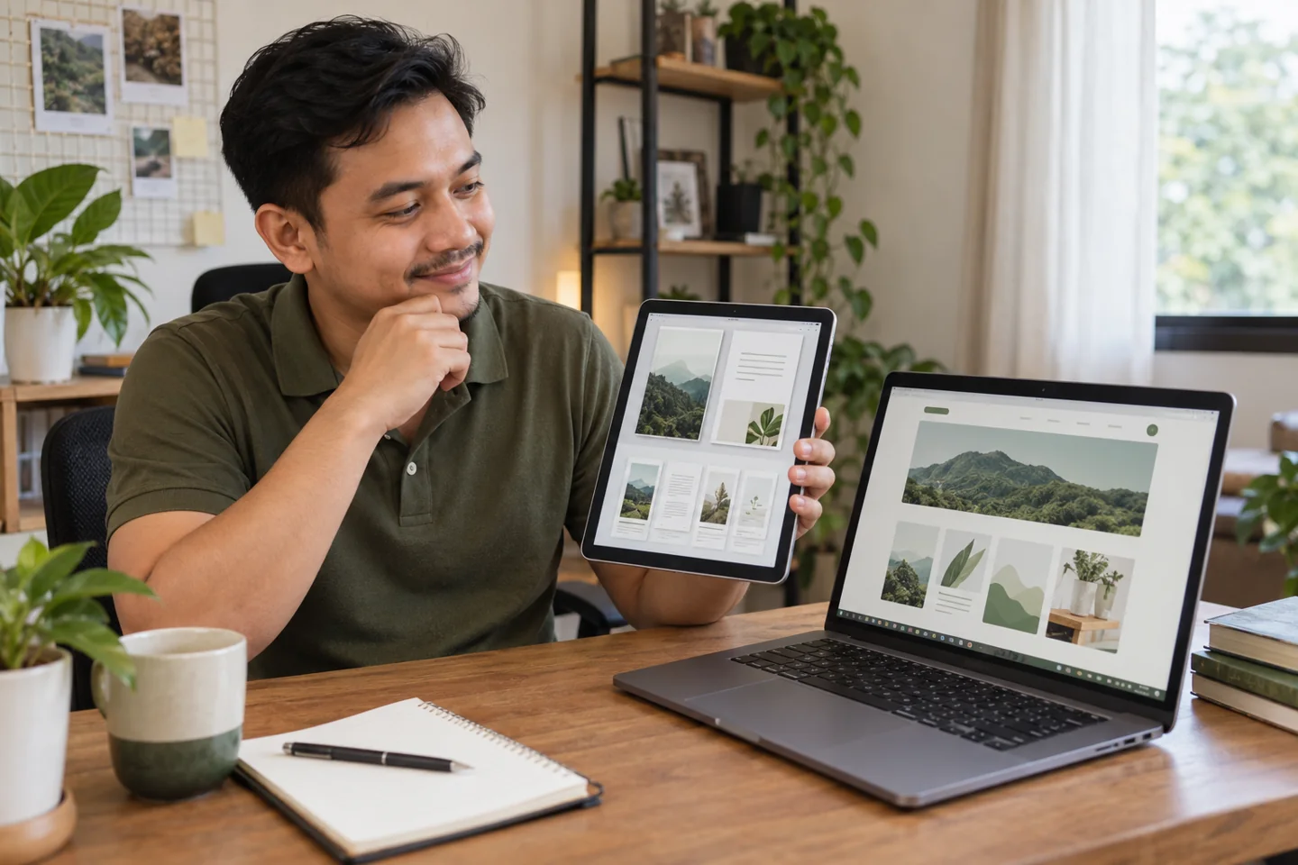 Ilustrasi produk digital dan sales page yang disusun pada tablet dan laptop