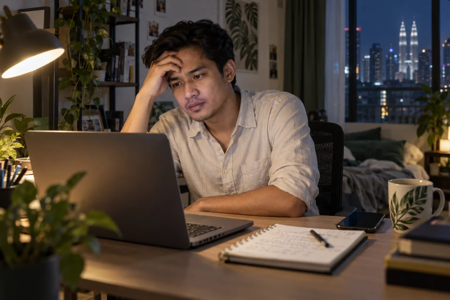 Ilustrasi beginner yang overwhelmed melihat laptop selepas kerja